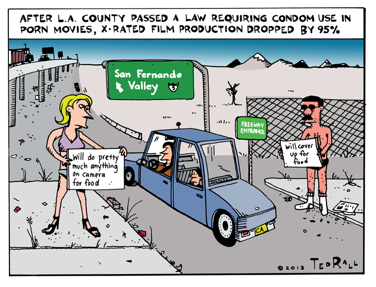 Los Angeles Times; local cartoon; pornography; condoms; STDs; highway;  freeway; San Fernando Valley; porn | Ted Rall's Rallblog